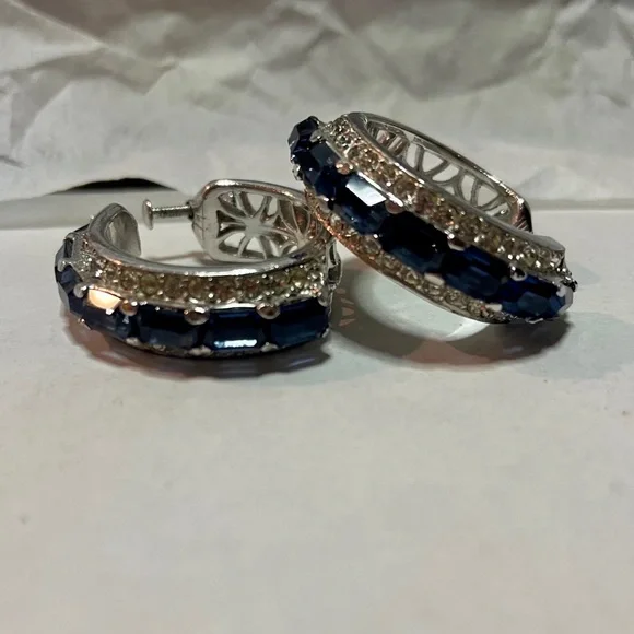 Silver-Toned Faux Blue Sapphire and Zirconia Hoop Earrings –Crystal Huggie Hoops - Picture 15 of 15